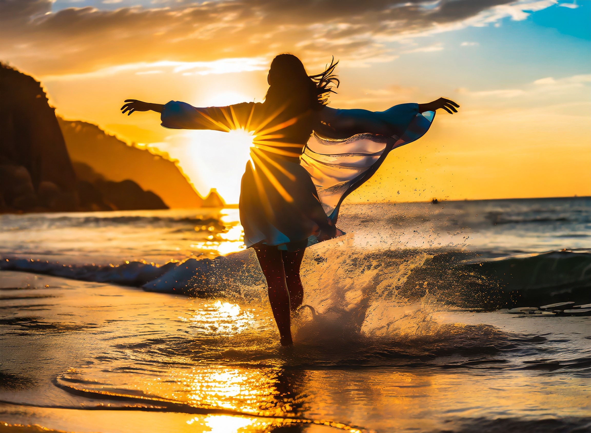 femme marchant dans l'eau avec une robe légère au coucher du soleil et qui symbolise le fait d'être soulagé de son stress et de ses douleurs.