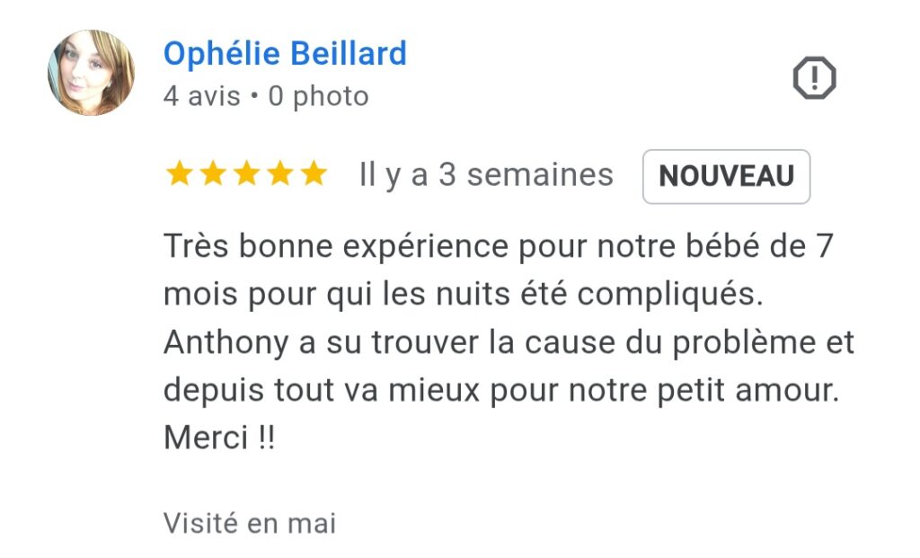 Avis Google 5 étoiles pour une séance de magnétisme bébé ayant permis de soulager des troubles du sommeil chez un nourrisson, accompagnée par Anthony Malaquin, thérapeute magnétiseur spécialisé bébé à Hulluch (proche Lens, Lille, Arras, Béthune) et à distance